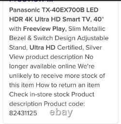 Panasonic TX40EX700B 40 inch Ultra HD 4K LED Smart TV