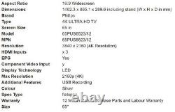 Philips 65PUS6523/12 Téléviseur LED Smart 4K Ultra HD de 65 pouces - Prix de détail recommandé de 650 £.